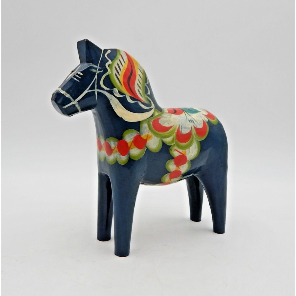Swedish Dala Horse Glossy Painted Blue Mid-Century Folk Art 6-3/4 Inch